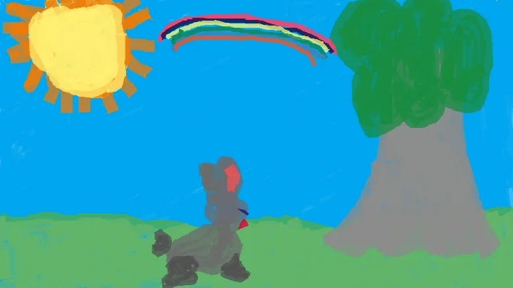 Original child drawing by Émilie: a gray rabbit below a rainbow, with a sun and tree