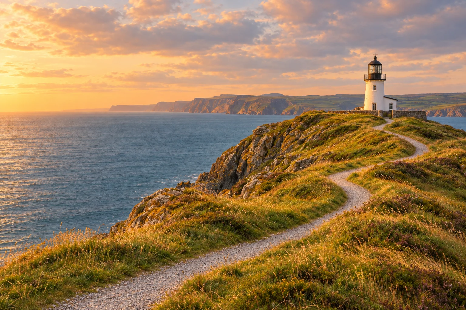 Reference-image edit of the lighthouse scene with warm golden-hour light and longer shadows