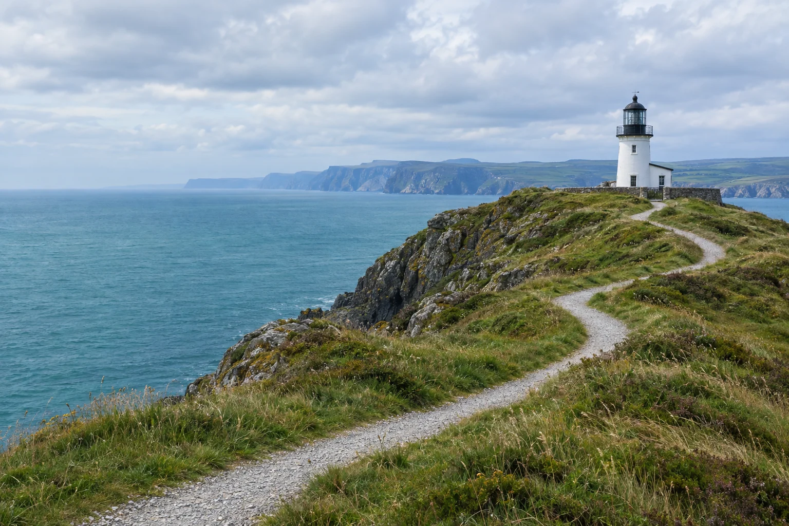 Original GPT Image 2.5 photograph of a white lighthouse and winding coastal path in cool daylight