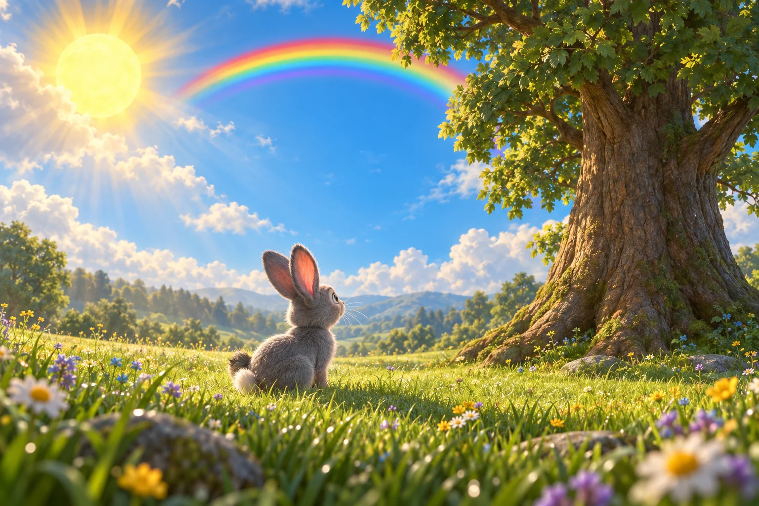 Dimensional storybook scene adapted from the child drawing: a gray rabbit, large tree, sunshine and rainbow